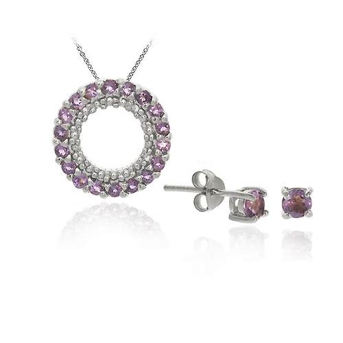 Sterling Silver Amethyst Eternity Pendant & Stud Set