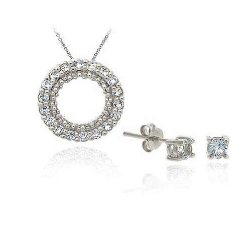 Sterling Silver Blue Topaz Eternity Pendant & Stud Earrings Set