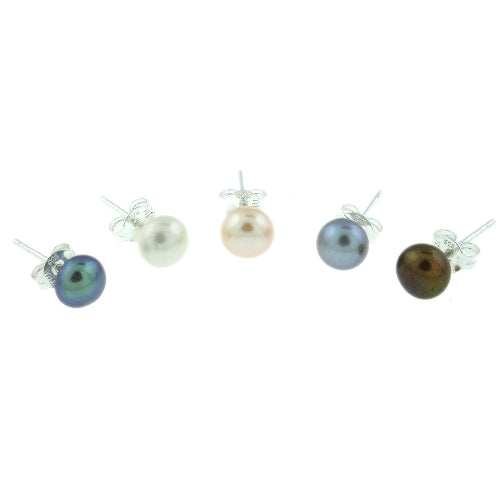 Sterling Silver 5 Pair Multi Color Freshwater Pearl White, Peacock, Pink, Grey, Chocolate Stud Earring Set