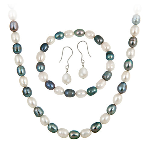 Sterling Silver Freshwater Cultured Multi Color Pearl Necklace, Bracelet Earring Jewelry Set