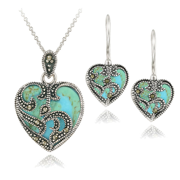 Sterling Silver Marcasite & Reconstituted Turquoise Heart Necklace & Earrings Set