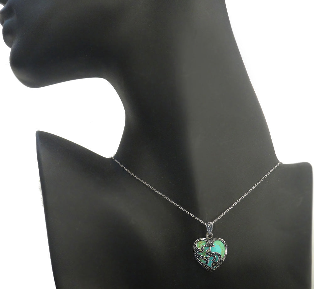 Sterling Silver Marcasite & Reconstituted Turquoise Heart Necklace & Earrings Set-3