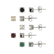 Sterling Silver 4mm Round Ruby, Sapphire, Emerald, Opal and Pearl Stud Earrings Set