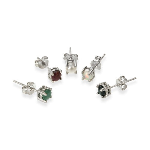 Sterling Silver 4mm Round Ruby, Sapphire, Emerald, Opal and Pearl Stud Earrings Set-2