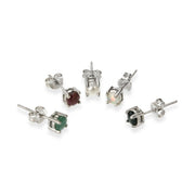 Sterling Silver 4mm Round Ruby, Sapphire, Emerald, Opal and Pearl Stud Earrings Set