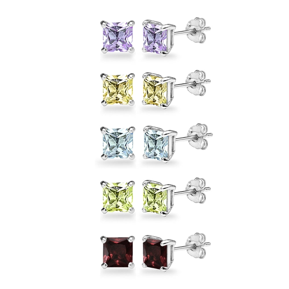 5-Pair Set Sterling Silver Amethyst, Blue Topaz, Citrine, Garnet & Peridot 5mm Princess-Cut Square Stud Earrings