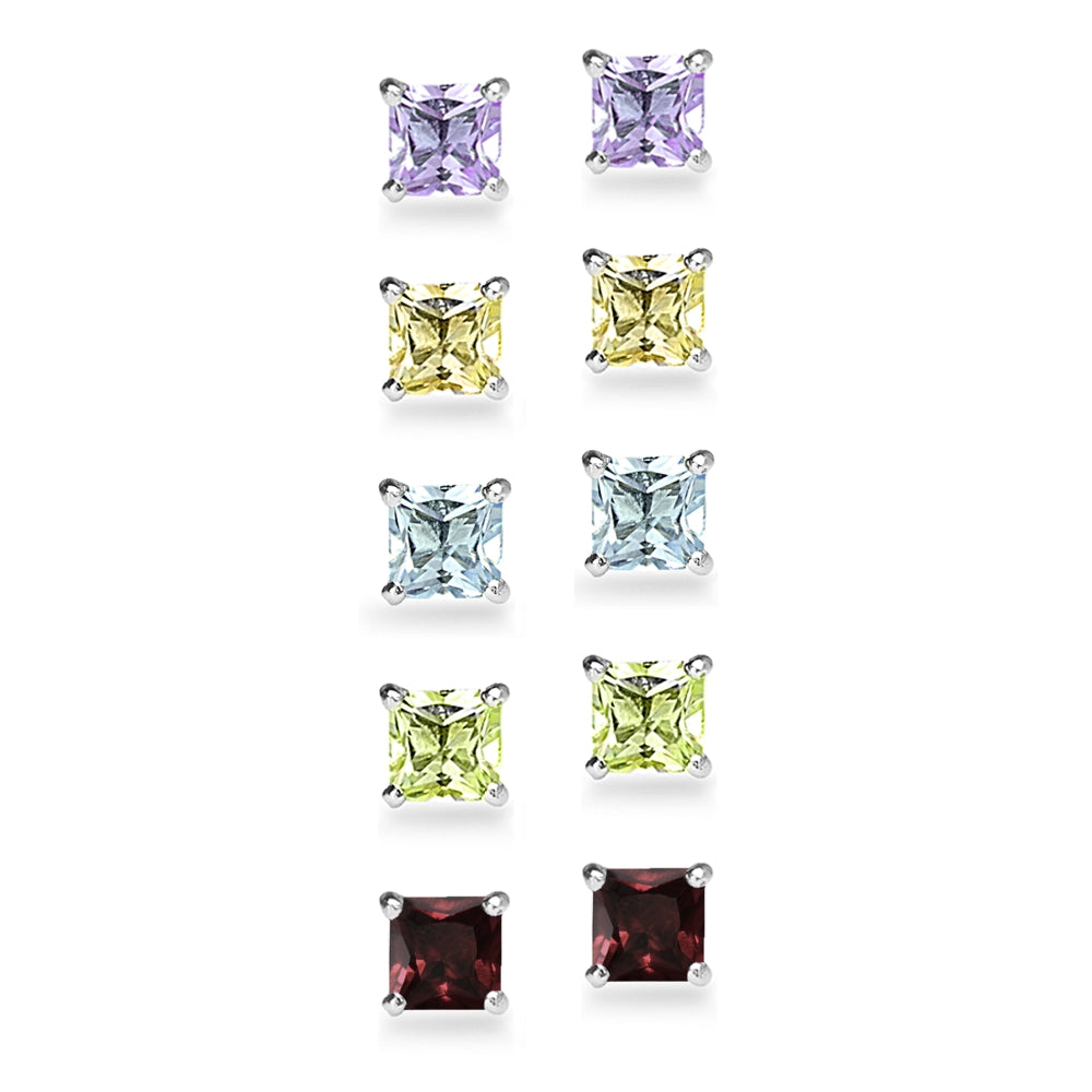 5-Pair Set Sterling Silver Amethyst, Blue Topaz, Citrine, Garnet & Peridot 5mm Princess-Cut Square Stud Earrings-2