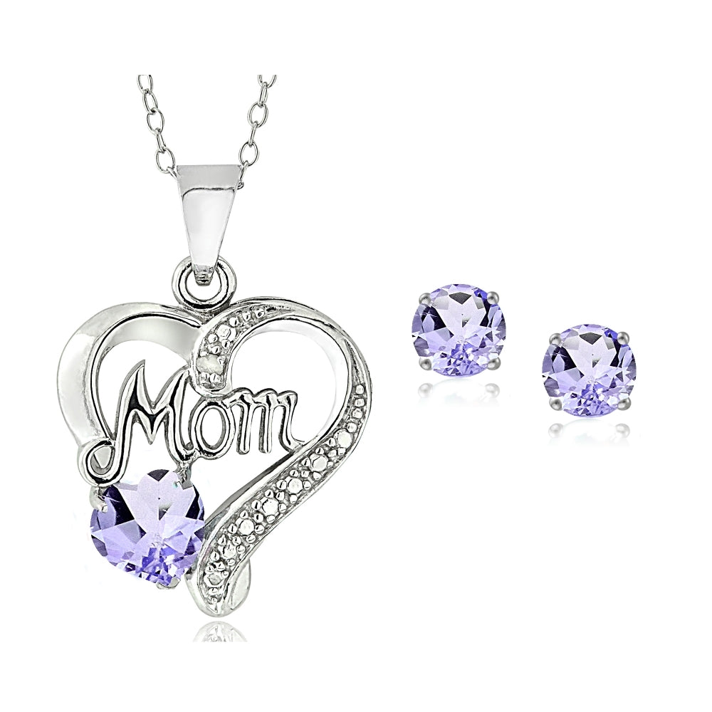 Sterling Silver Amethyst & Diamond Accent MOM Heart Pendant and Earrings Set