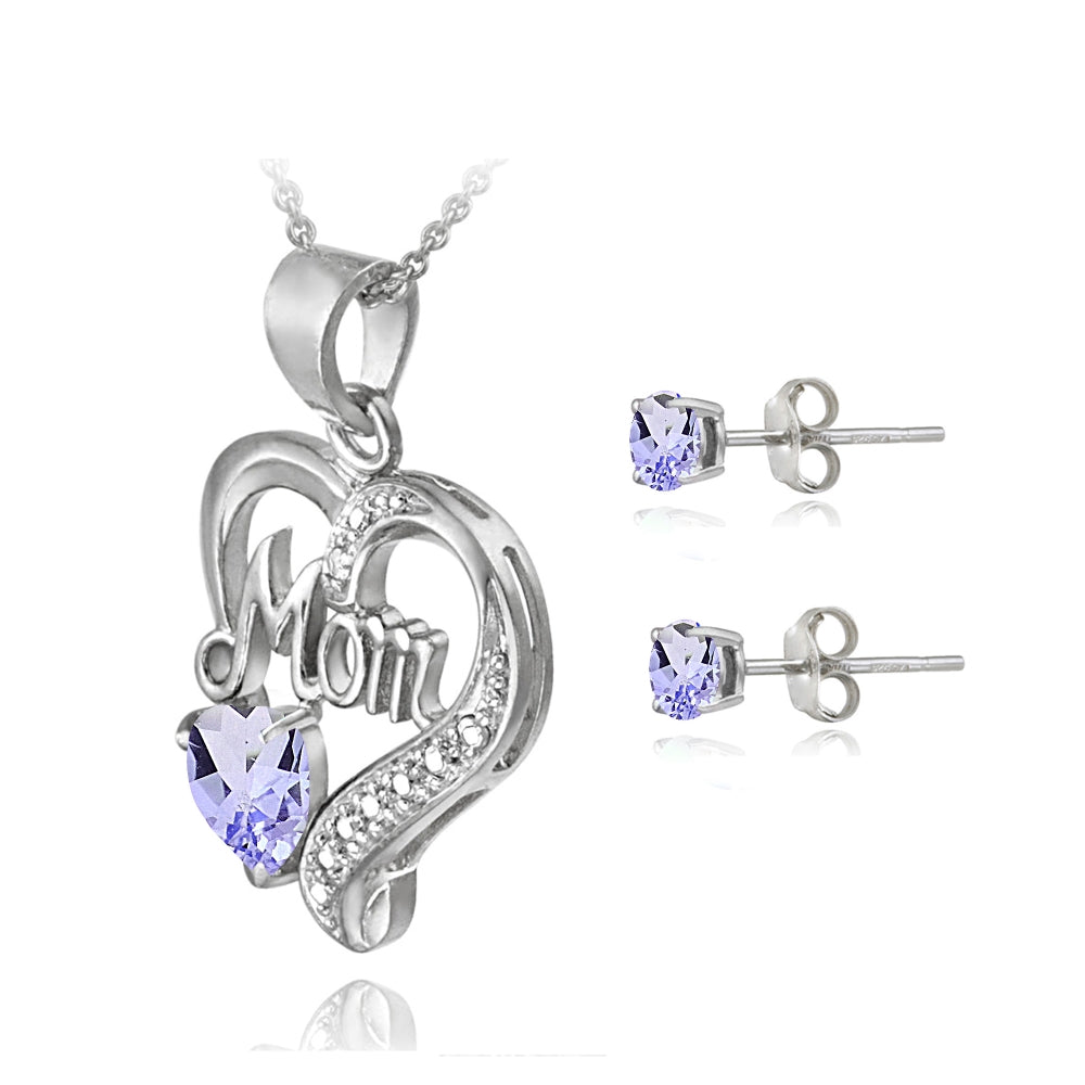 Sterling Silver Amethyst & Diamond Accent MOM Heart Pendant and Earrings Set-2