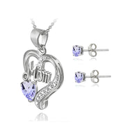 Sterling Silver Amethyst & Diamond Accent MOM Heart Pendant and Earrings Set