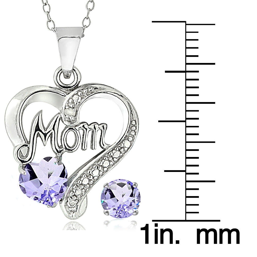 Sterling Silver Amethyst & Diamond Accent MOM Heart Pendant and Earrings Set-3