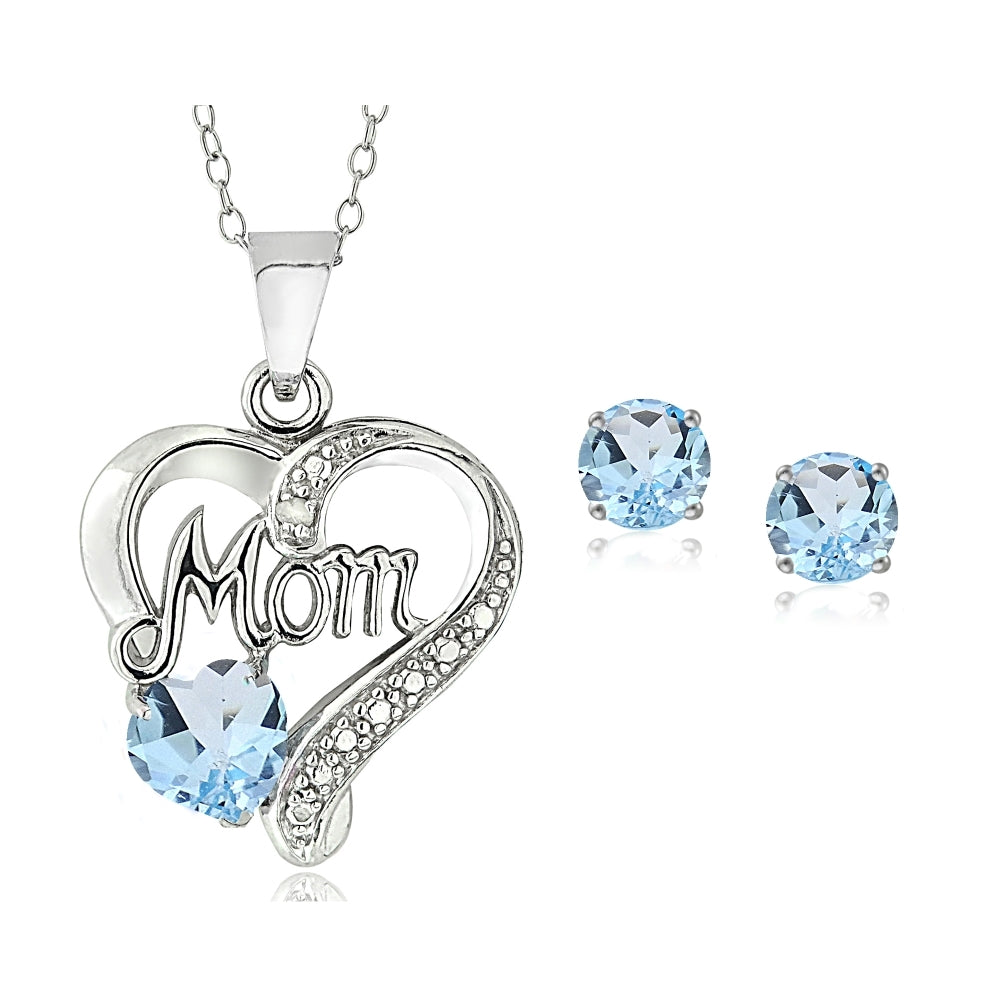 Sterling Silver Blue Topaz & Diamond Accent MOM Heart Pendant and Earrings Set