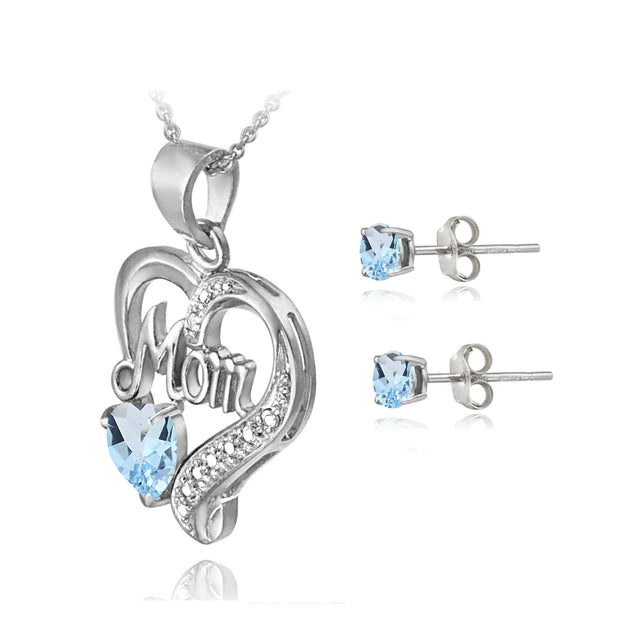 Sterling Silver Blue Topaz & Diamond Accent MOM Heart Pendant and Earrings Set