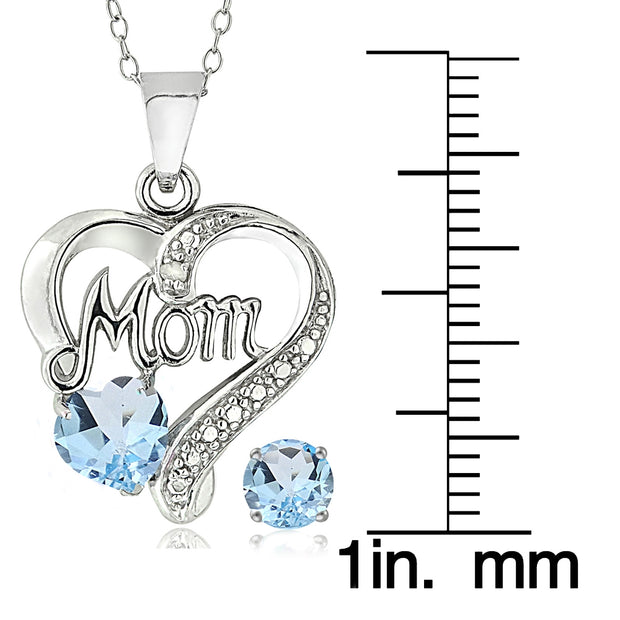 Sterling Silver Blue Topaz & Diamond Accent MOM Heart Pendant and Earrings Set