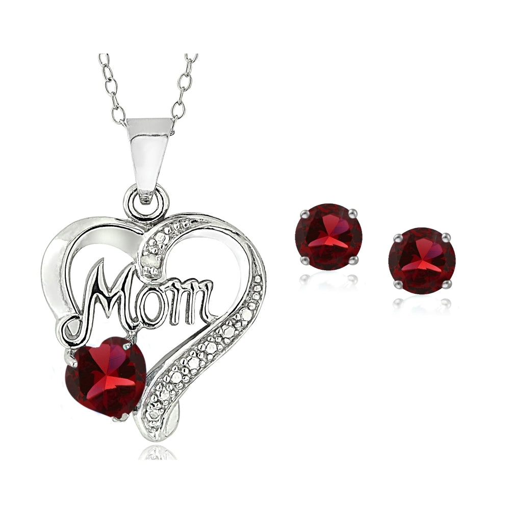 Sterling Silver Created Ruby & Diamond Accent Heart MOM Necklace and Earrings Set