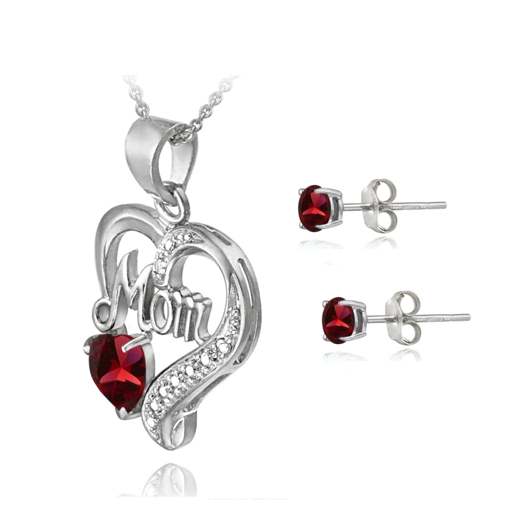 Sterling Silver Created Ruby & Diamond Accent Heart MOM Necklace and Earrings Set-2