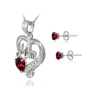 Sterling Silver Created Ruby & Diamond Accent Heart MOM Necklace and Earrings Set