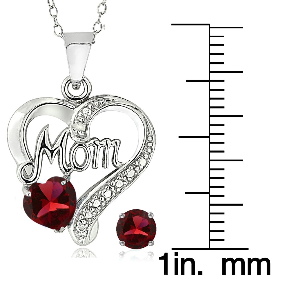 Sterling Silver Created Ruby & Diamond Accent Heart MOM Necklace and Earrings Set-3