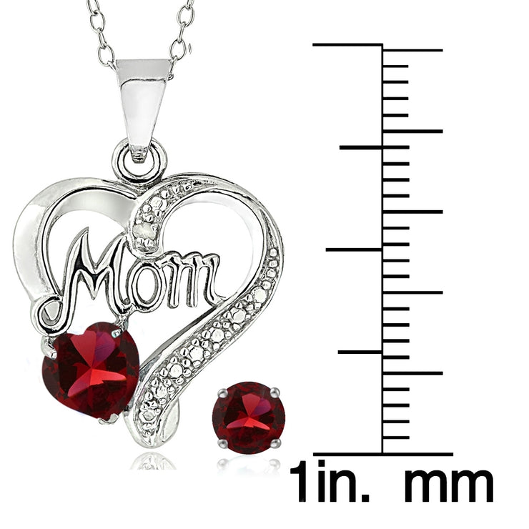 Sterling Silver Created Ruby & Diamond Accent Heart MOM Necklace and Earrings Set