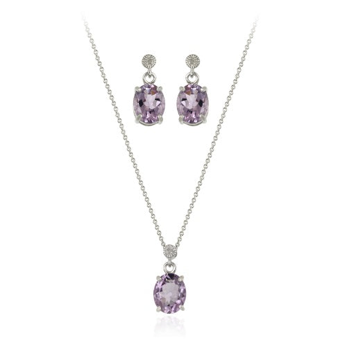 Sterling Silver 7.80 TCW Oval Amethyst and Diamond Pendant Earring Set
