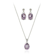 Sterling Silver 7.80 TCW Oval Amethyst and Diamond Pendant Earring Set