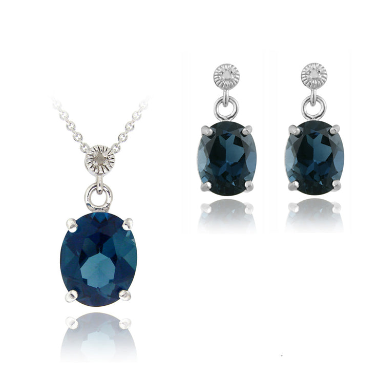 Sterling Silver 10.8ct London Blue Topaz & Diamond Accent Oval Pendant Earrings Set