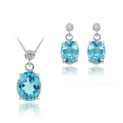 Sterling Silver 10.8ct Swiss Blue Topaz & Diamond Accent Oval Pendant & Earrings Set