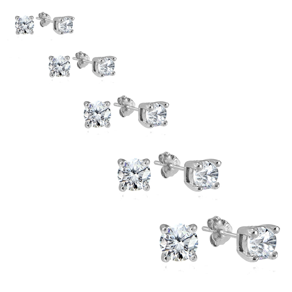 Sterling Silver Cubic Zirconia Set of 5 Round Stud Earrings
