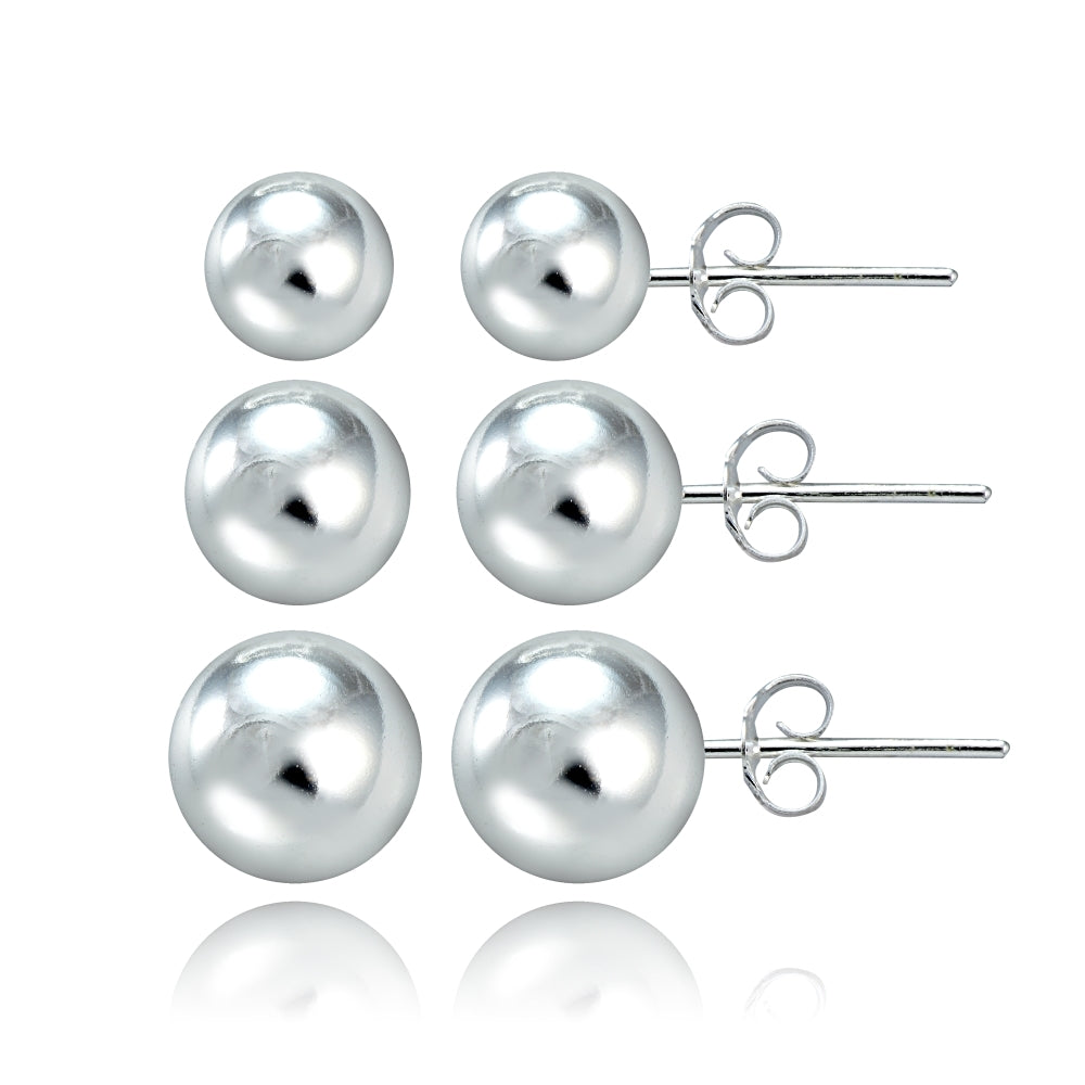 Sterling Silver 3-Pair Ball Stud Earrings Set