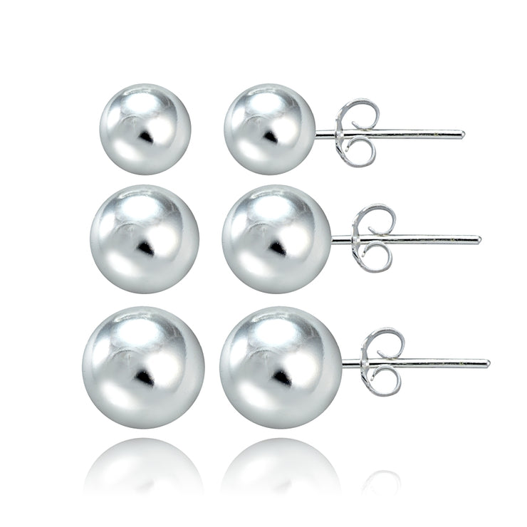 Sterling Silver 3-Pair Ball Stud Earrings Set