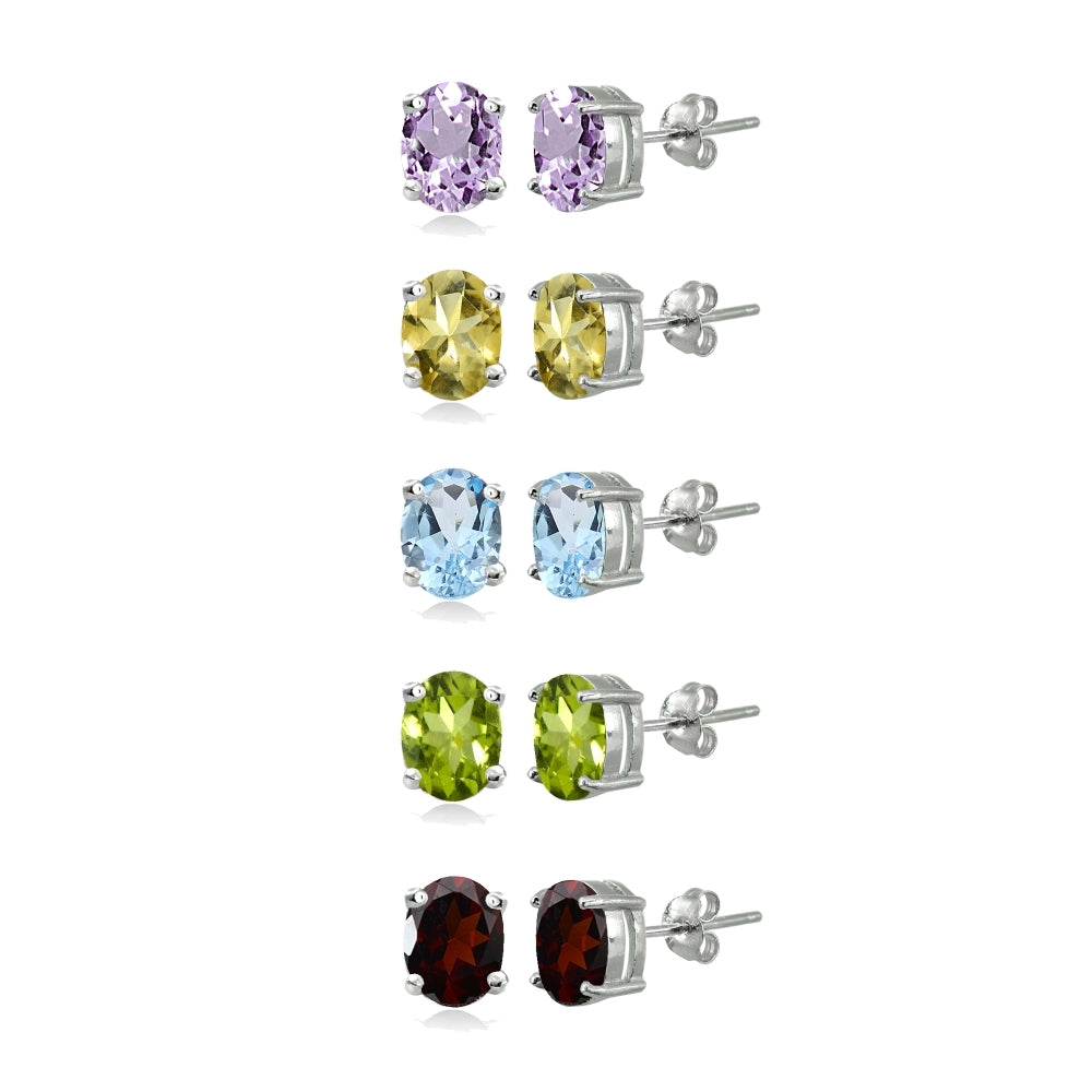 5-Pair Set Sterling Silver Amethyst, Blue Topaz, Citrine, Garnet & Peridot 6x4mm Oval Stud Earrings