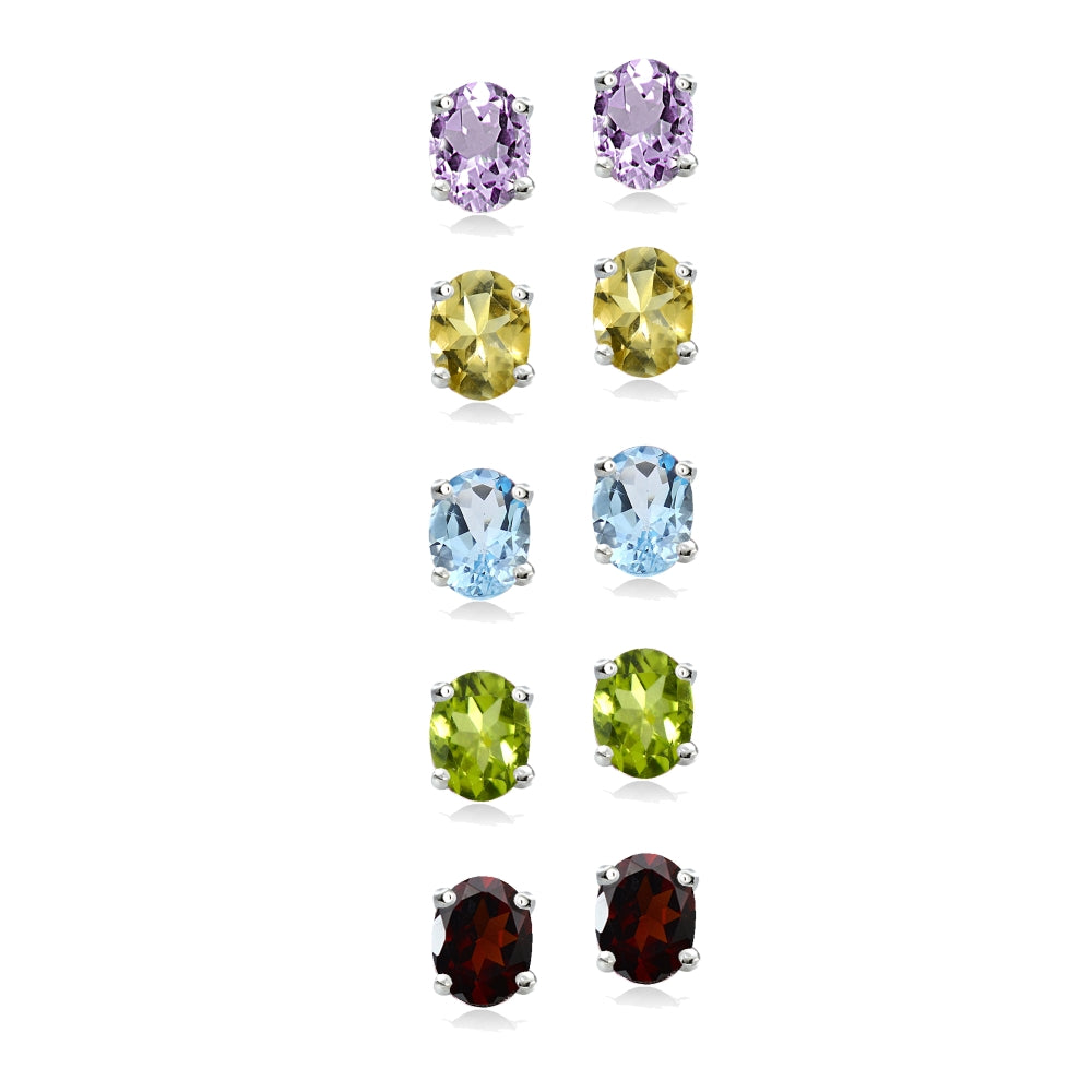 5-Pair Set Sterling Silver Amethyst, Blue Topaz, Citrine, Garnet & Peridot 6x4mm Oval Stud Earrings-2