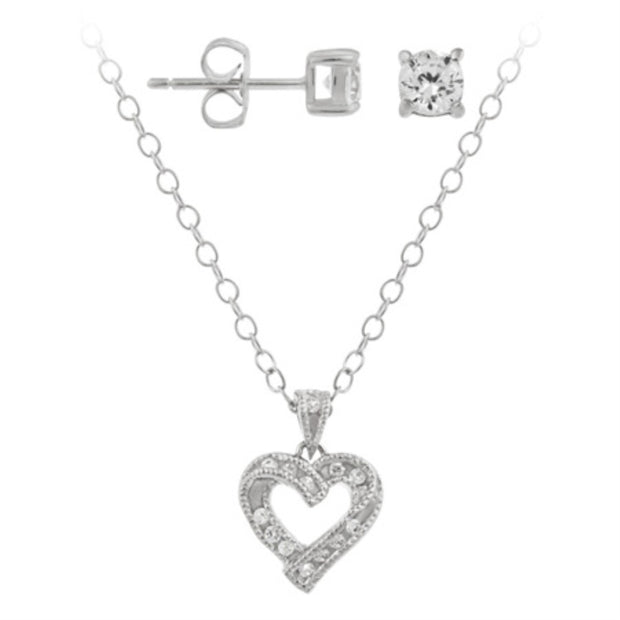 Sterling Silver Designe-Inspired CZ Heart Pendant & Stud Set
