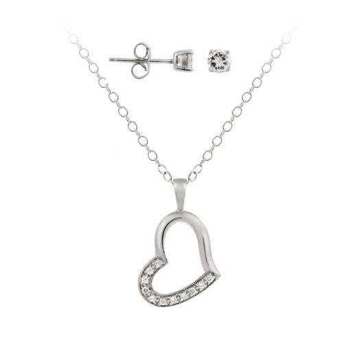 Sterling Silver CZ Open Floating Heart & Round CZ Stud Earrings Set