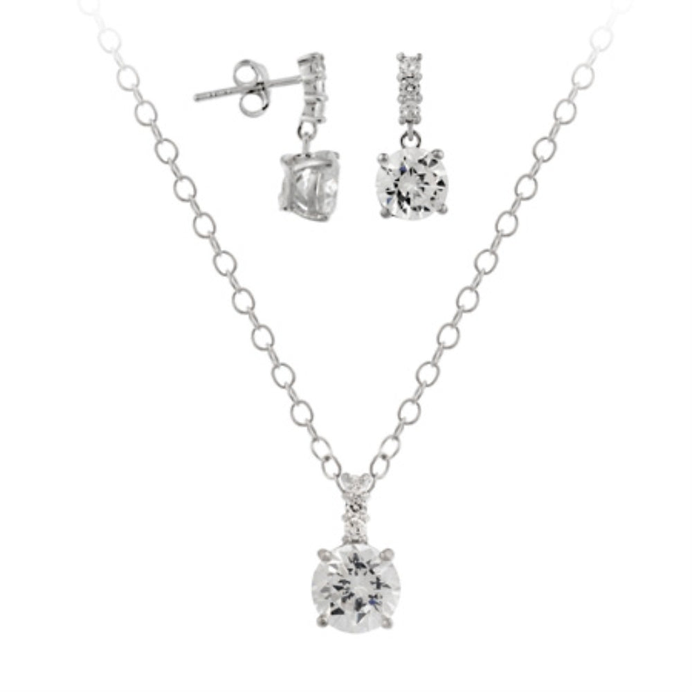 Sterling Silver CZ Solitaire Drop Pendant & Earrings Set