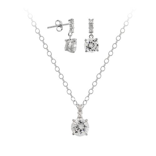 Sterling Silver CZ Solitaire Drop Pendant & Earrings Set-2