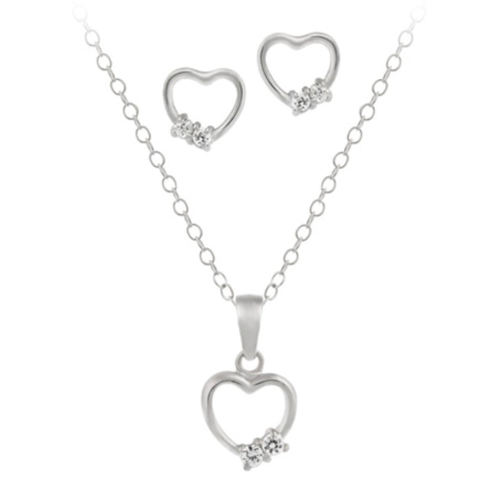 Sterling Silver Open Heart CZ Stones Pendant & Earrings Set