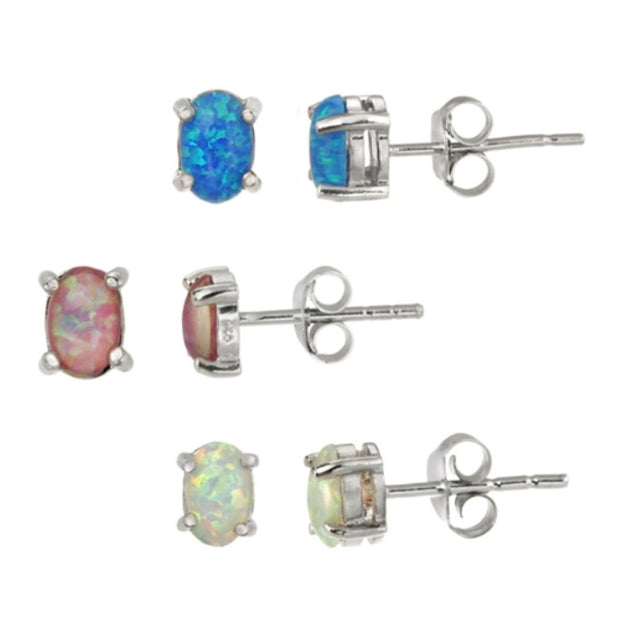 Sterling Silver Pink, Blue, and White Oval Created Opal Stud Earrings Set
