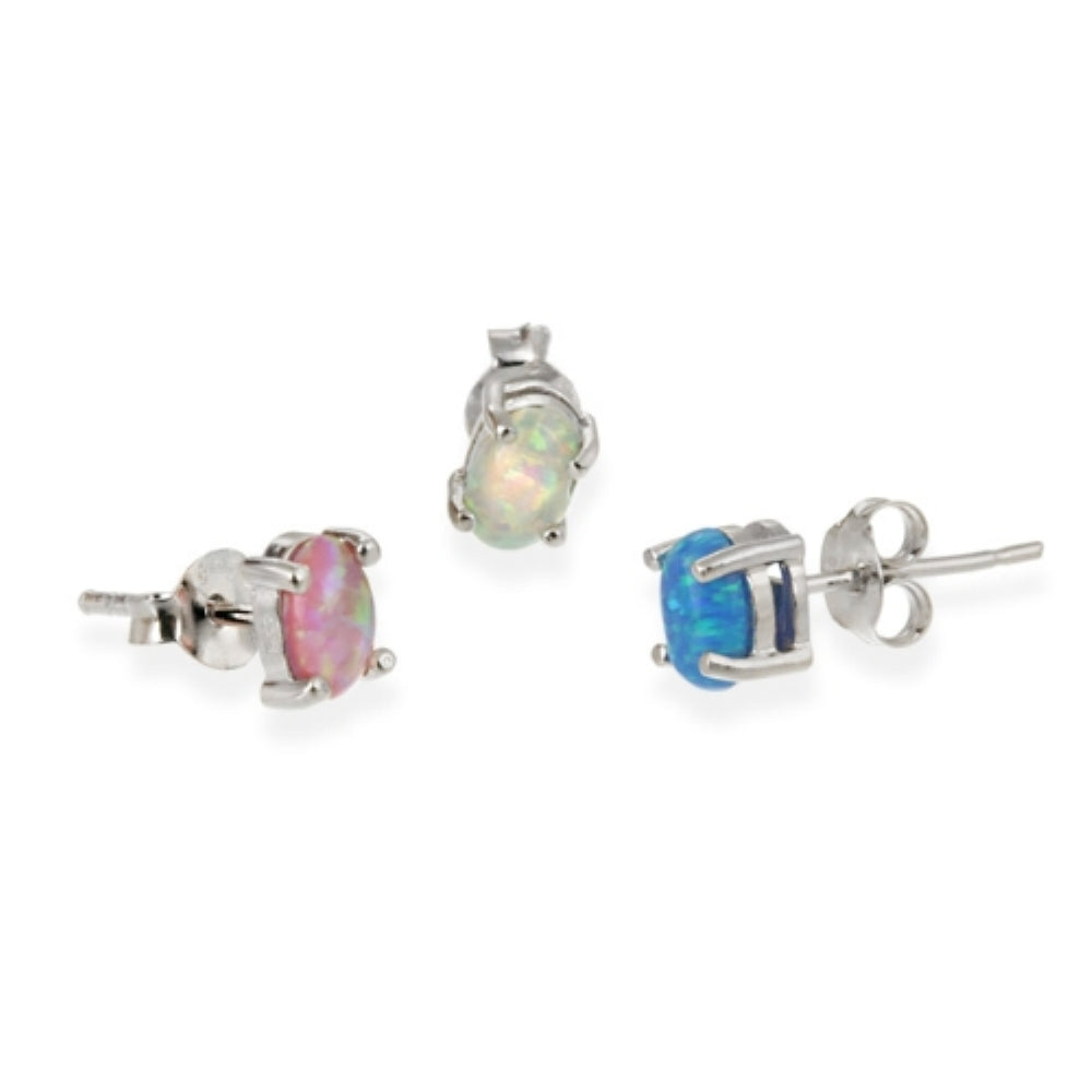 Sterling Silver Pink, Blue, and White Oval Created Opal Stud Earrings Set-2