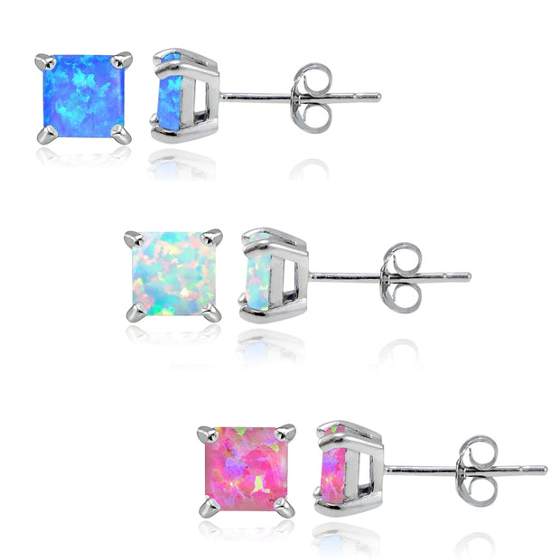 Sterling Silver 1.3ct Blue White and Pink Created Opal 5mm Square Stud Earrings, Set of 3