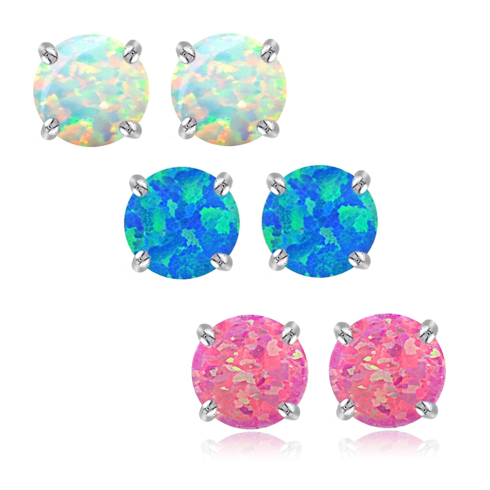 Sterling Silver Multi Color Created Opal Set of 3 Stud Earrings Set 4mm