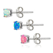Sterling Silver Multi Color Created Opal Set of 3 Stud Earrings Set 4mm