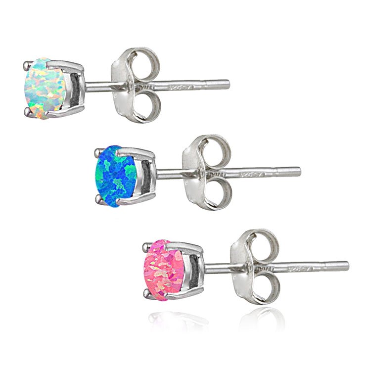 Sterling Silver Multi Color Created Opal Set of 3 Stud Earrings Set 4mm