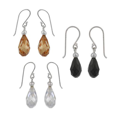 Sterling Silver White, Champagne, & Black CZ Briolette Teardrop Earring Set
