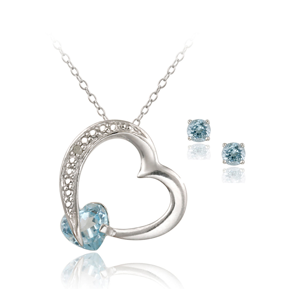 Sterling Silver 2ct Blue Topaz & Diamond Accent Floating Heart Pendant and Earrings Set