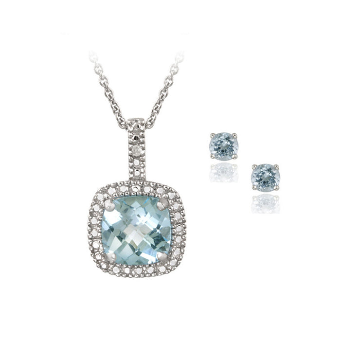 Sterling Silver 4ct Blue Topaz & Diamond Accent Square Necklace & Earrings Set