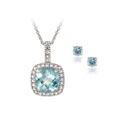 Sterling Silver 4ct Blue Topaz & Diamond Accent Square Necklace & Earrings Set
