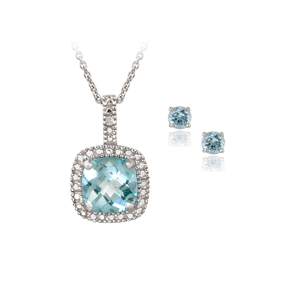 Sterling Silver 4ct Blue Topaz & Diamond Accent Square Necklace & Earrings Set-3