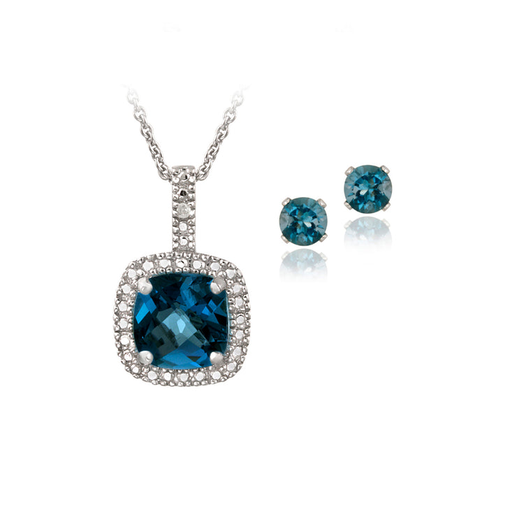 Sterling Silver 4ct London Blue Topaz & Diamond Accent Square Necklace & Earrings Set