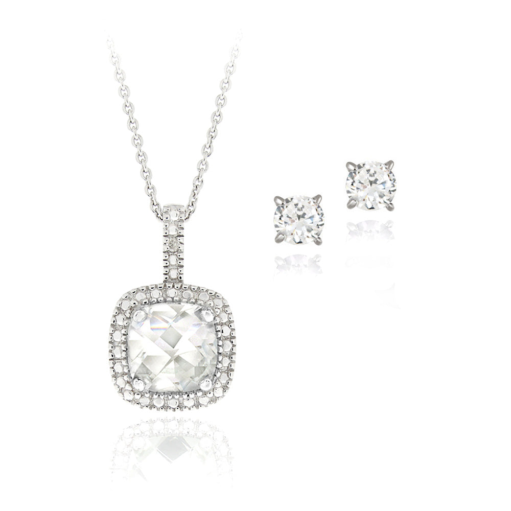 Sterling Silver 4ct White Topaz & Diamond Accent Square Necklace & Earrings Set-2